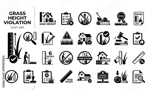 Grass Height Violation Ruler-Measurement Lawn-Regulation HOA-Rules Height-Compliance Yard-Standards Grass-Measuring Vector Icon Set - Lawn Compliance