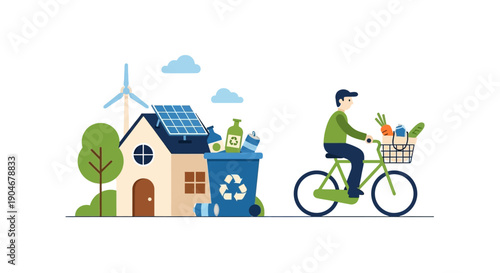 Man Riding Bicycle with Recyclable Groceries.