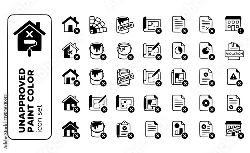 Unapproved Paint Color Paint-Roller Prohibited-X Color-Violation HOA-Approval Paint-Restriction Architectural-Compliance Vector Icon Set - Paint Violation