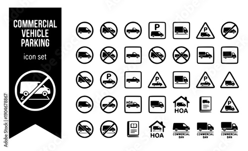 Commercial Vehicle Parking Work-Van Driveway-Ban HOA-Parking Vehicle-Restriction Commercial-Ban Driveway-Rules Vector Icon Set - Vehicle Violation