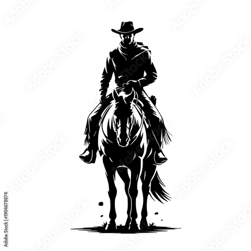 Bold black vector silhouette illustration of upright cowboy riding muscular horse in dynamic western motion style