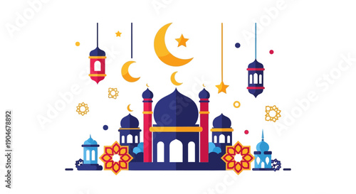 Mosque with Lanterns and Crescent Moon.