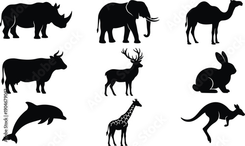 Wild and farm animal silhouettes set, elephant rhinoceros camel deer giraffe rabbit dolphin kangaroo cow vector illustration