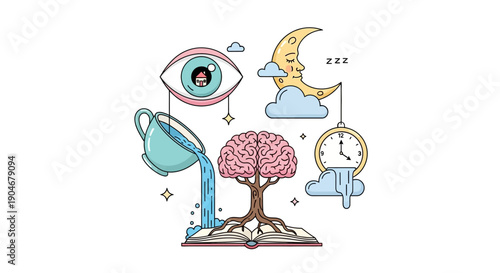 Surrealistic Illustration Featuring Eye Tree Clock Moon.