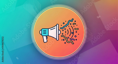 Megaphone icon with sound waves on colorful gradient background for announcement communication or promotion concept