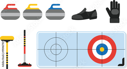 Vector illustration set of curling sport equipment featuring colorful stones, specialized shoes, brushes, gloves, and a target house isolated on white background.