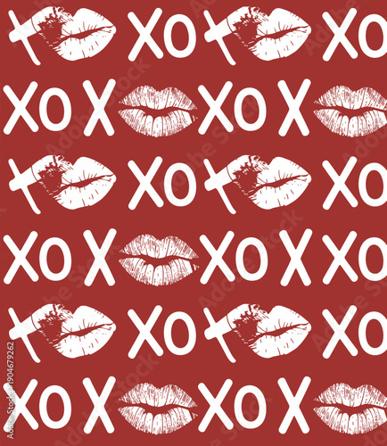 Valentine XO pattern, lipstick kiss marks, romantic love design, hugs and kisses artwork, red background illustration, affection symbol, cad drawing flat vector illustration
