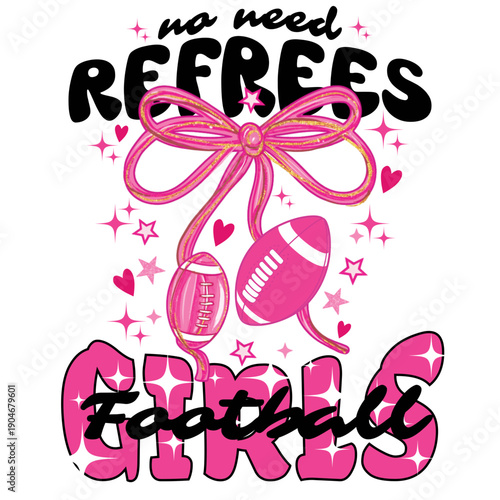 A playful graphic design featuring footballs and bows for girls sports