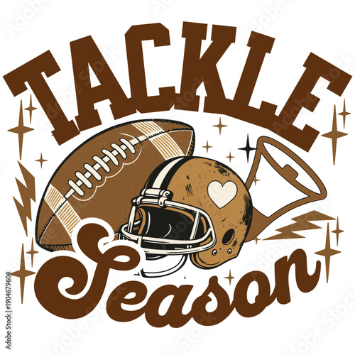 A graphic illustration of a football helmet and ball with a heart