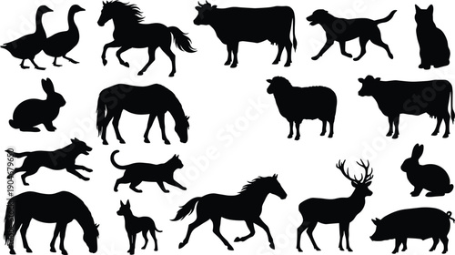 Farm and domestic animal silhouettes set, horse cow dog cat sheep rabbit deer pig vector illustration collection