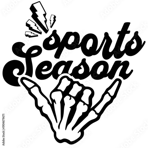 A black and white illustration of a hand with sports season text