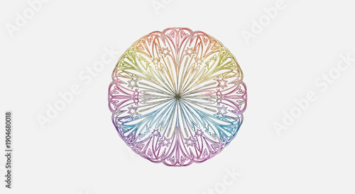 Vibrant Rainbow Mandala Abstract Pattern with Intricate Symmetrical Design on White Background