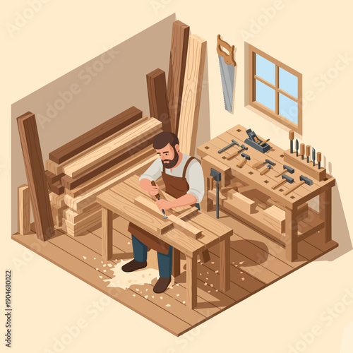 Carpenter working in a well-organized woodworking workshop with various tools.