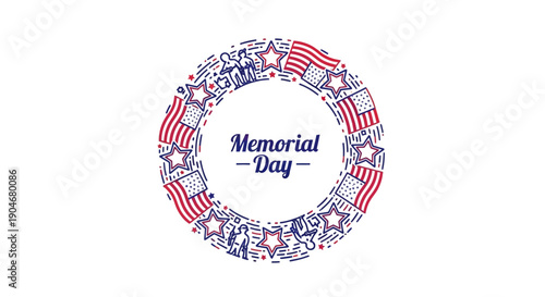 Patriotic Memorial Day wreath design with American flags and stars honoring military service and