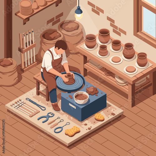 Potter crafting ceramics in a traditional workshop.