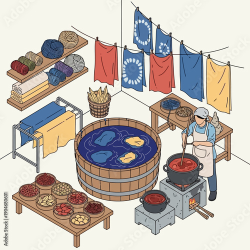 Dyeing fabrics in a traditional textile workshop with various colored cloth.