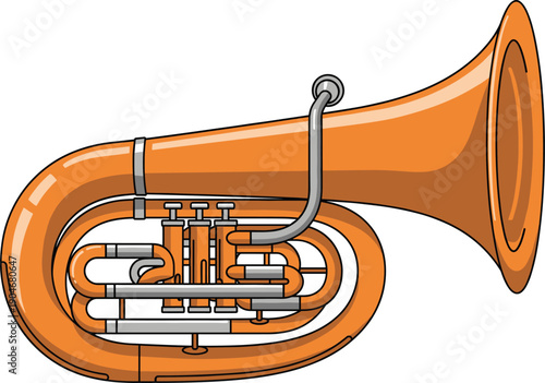 Vector illustration of a shiny orange tuba musical instrument featuring detailed valves and tubing isolated on white background.