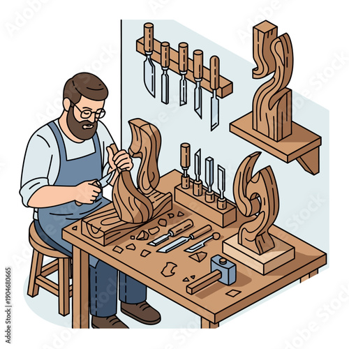 Carpenter crafting wooden sculpture in workshop with various tools.