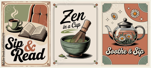Three-panel vintage-style poster set featuring tea and wellness: steaming coffee cup with book, green tea bowl with whisk, and floral teapot, in muted terracotta, sage, and cream.