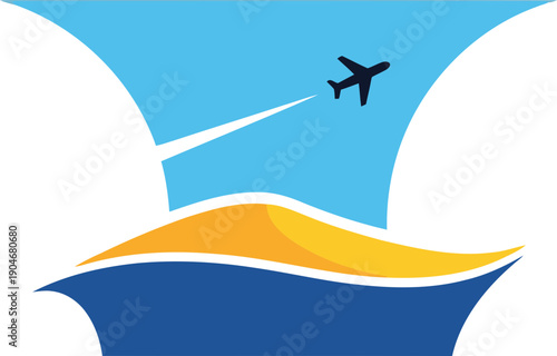 Modern travel logo with airplane and ocean waves.
