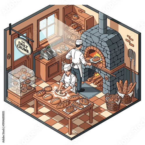 Bakers working in a traditional bakery kitchen with brick oven.