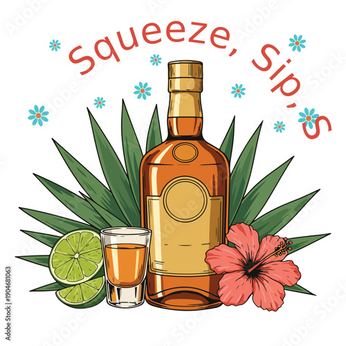 A colorful illustration of a bottle of liquor with a shot glass and lime