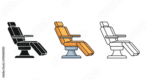 Set of three dental or medical chair icons in silhouette, color, and outline