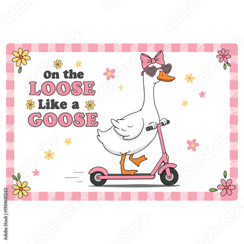 A cartoon goose wearing sunglasses rides a pink scooter freely outdoors