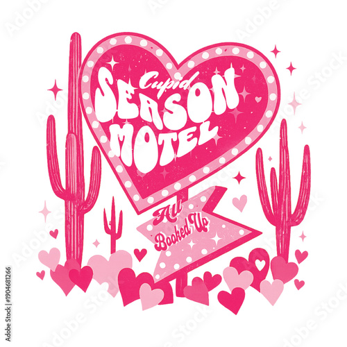 A vibrant pink heart shaped sign for a retro style motel
