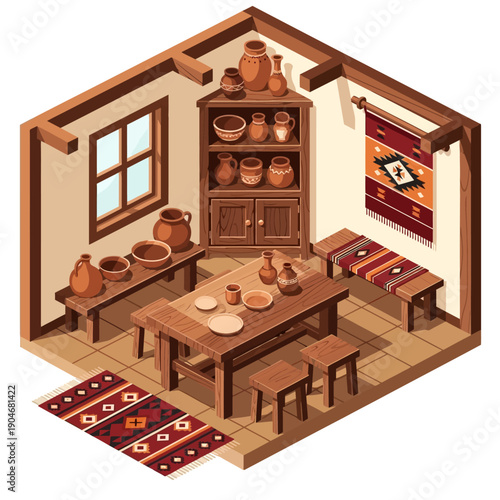 Isometric illustration of a traditional rustic kitchen interior with wooden furniture and decorative elements.