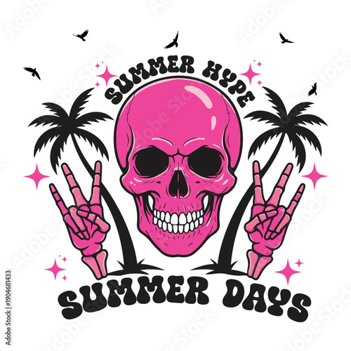 A vibrant pink skull graphic with palm trees and summer text