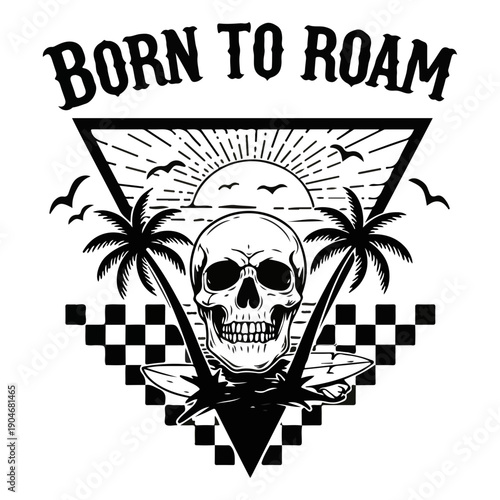 A black and white illustration of a skull with a tropical vibe