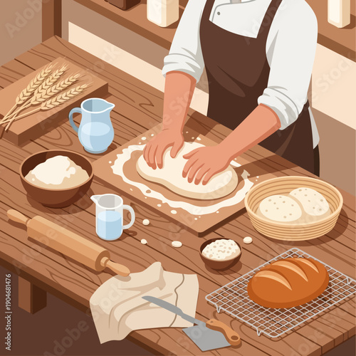 Baker kneading dough on a wooden table with baking utensils.