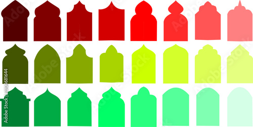 Extensive collection of 27 unique Islamic arch and mihrab shapes in a warm orange gradient palette, excellent for spiritual and cultural events like Ramadan and Eid.