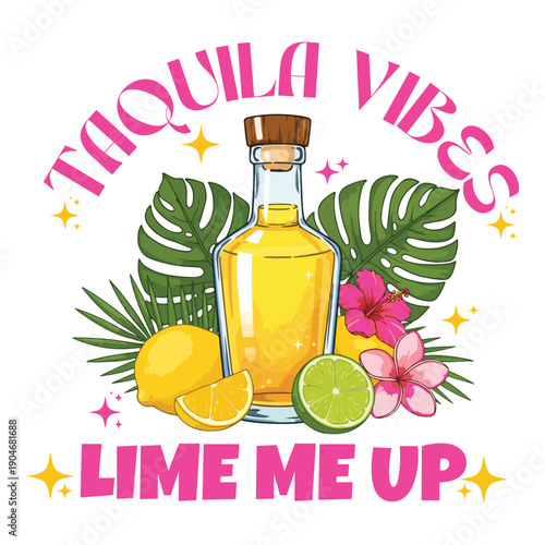A colorful illustration of a tequila bottle with tropical vibes and limes