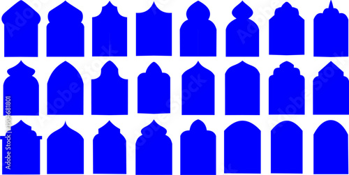 Rich collection of 27 unique Islamic arch and mihrab shapes in a deep maroon and burgundy gradient, perfect for sophisticated spiritual and cultural themed designs.