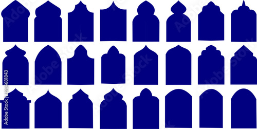 Contemporary collection of 27 diverse Islamic arch and mihrab shapes in a sleek grey and silver gradient, suitable for modern spiritual and cultural branding.