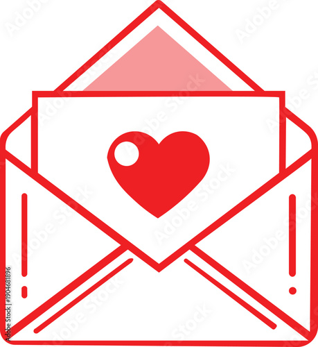 A bright red envelop with a white heart sticking out of it.