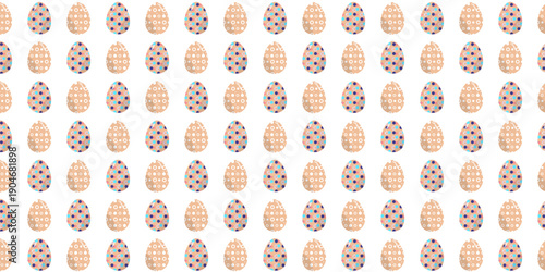 Colorful Easter egg pattern background featuring cute pastel eggs decorated with floral and abstract motifs. Perfect for spring holiday designs, greeting cards, wrapping paper, textile, wallpaper