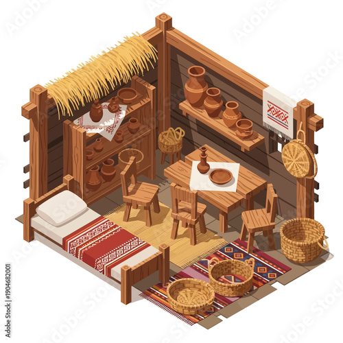 Traditional rustic kitchen interior with wooden furniture and clay pots.