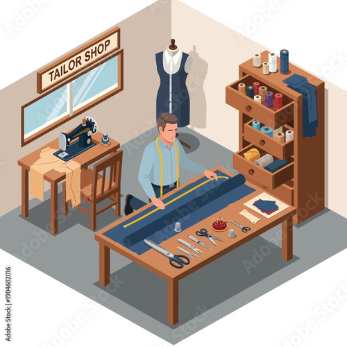 Tailor working on a garment in a small tailor shop with sewing equipment and materials.