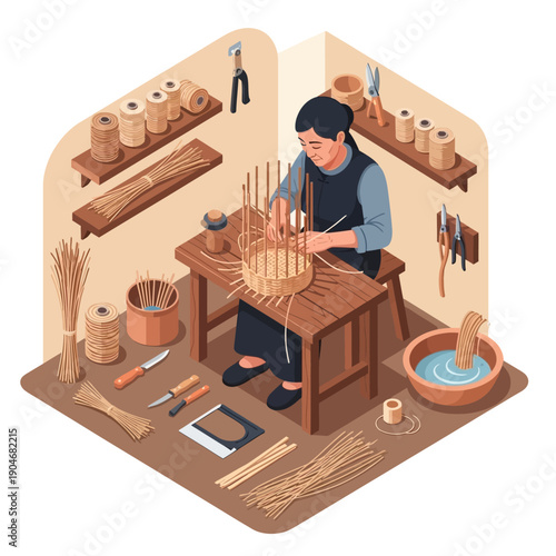 Isometric illustration of a craftsman weaving a basket in a workshop.