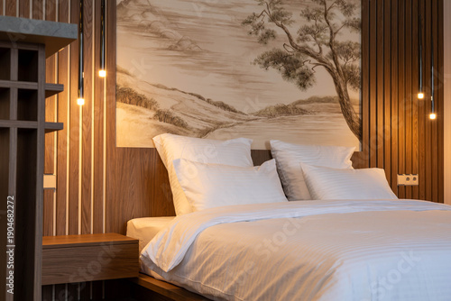 Cozy Modern Bedroom with White Bedding and Warm Lighting