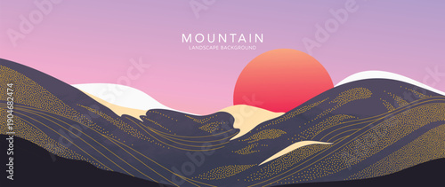 Mountain landscape vector background with dark layered hills with gold lines and red sun on pink purple sky in navy and black and gold. Luxury design for poster, wallpaper, banner, cover.