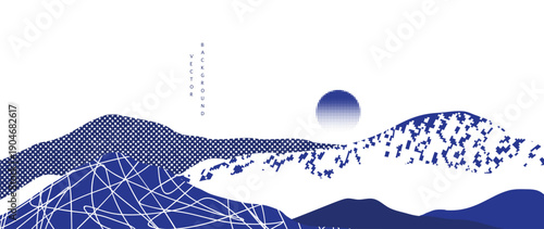 Mountain landscape vector background with blue hills with dotted texture and moon on white sky in blue and navy and white. Clean design for poster, wallpaper, web, print.
