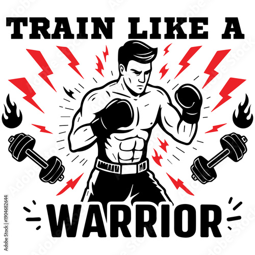 A muscular man in a fighting stance with dumbbells and lightning bolts