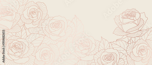 Luxury floral vector background with subtle rose line background in blush beige tones in beige and blush and cream. Romantic design for wedding, invitation, card, stationery.