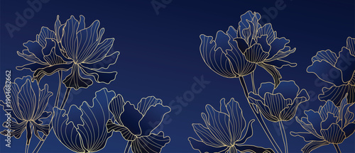 Luxury floral vector background with gold outline flowers on deep navy background in navy and gold. Dramatic design for invitation, card, branding, packaging.