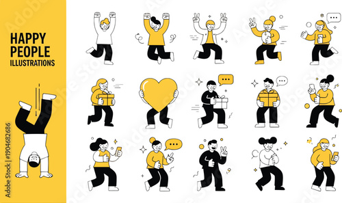 Happy People Vector Illustration, Joyful Characters Celebrating Success, Love and Positive Emotions, Fun Social Media Concept