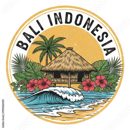 A colorful illustration of a tropical beach in Bali, Indonesia paradise
